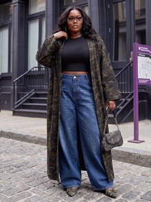 Slaydiva Spring/Autumn New Casual, Music Festival, Street, School, Back To School, Holiday Occasions Item Loose Camouflage Pattern Long Women's Plus Size Jacket-A - Army Green - View 4