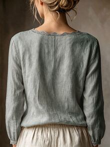 SHEIN 女款休閒優雅淺米色圓領蕾絲飾邊極簡通勤百搭日常襯衫 - 綠色 - 查看 2
