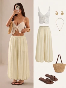 SHEIN PETITE 2026年女款春夏度假系列：優雅橄欖綠寬鬆喇叭褲 - 卡其色 - 查看 7