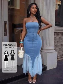 SHEIN PETITE Summer Fashion Mesh Patchwork Tube Top Denim Dress - Blue - View 1
