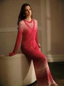 MOTF PREMIUM RED GRADIENT STRIPED PATTERN SLEEVELESS FITTED SWEATER DRESS - Red - View 7