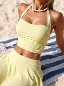Swim Lushoire Women's Solid Color Ruched Halter Neck Two-Piece Swimsuit With Skirt And Shorts, Butter Yellow 3 Pieces Summer Vacation Beach Swimwear - Yellow - View 6
