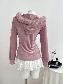 Elamini Vintage Y2K Velvet Fur Collar Hooded Rhinestone Embellished Waist-Cinching Slim Fit Long Sleeve Sweatshirt Jacket - Pink - View 2