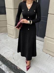 DAZY Autumn V-Neck Long Sleeve Cinched Waist Metal Button Decor Black Elegant Commuter Style Women's Sweater Dress Winter - Black - View 6