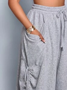 SOLERSUN Celana Panjang Wanita Abu-abu Muda dengan Tali Serut, Potongan Lebar, Kantong Samping Longgar, Pinggang Elastis, Potongan Santai, Kasual, Streetwear, Cocok untuk Kerja, Sehari-hari, dan Musim Gugur. - Grey - View 5