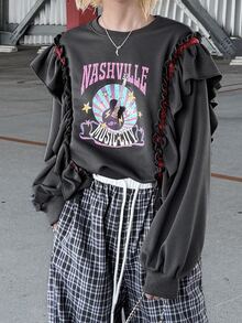 FRIFUL Women's Letter & Guitar Print Patchwork Ruffle Long Sleeve Casual T-Shirt - Grey - View 4
