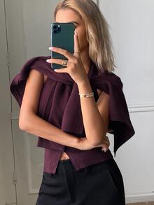 DAZY Women's Solid Color Long Sleeve Open Front Knit Cardigan And Button Design Halter Neck Knit Top Set - Red Violet - View 6