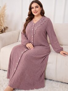 Lacomfia Đầm tay dài gân chải lông size lớn cho nữ, đầm thường ngày cho nữ - Bụi hồng - Xem 1