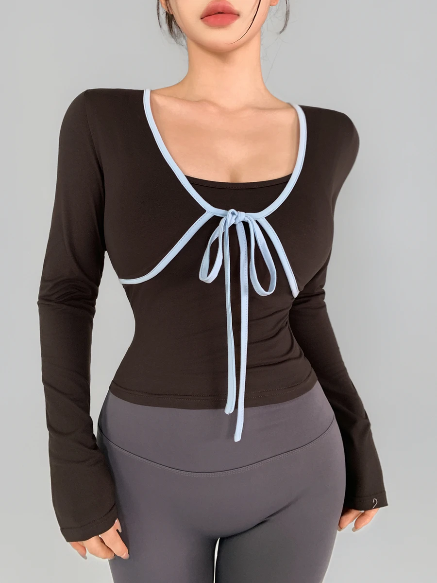 DAZY Kaos Olahraga Lengan Panjang 2 in 1 Wanita dengan Ikatan Depan, Cocok untuk Gym, Latihan, Musim Gugur, Warna Cokelat Tua, Sporty dan Sederhana. - Coklat - View 1