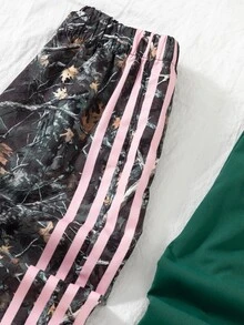 少女對比粉色條紋寬腿運動長褲 美式復古迷彩休閒運動褲 - 彩色 - 查看 6