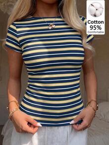 CovetEZ Women 95% Cotton Striped Form-Fitted Short Sleeve T-Shirt Casual Top, Wear For Spring/Summer/Fall - Multicolor - View 1