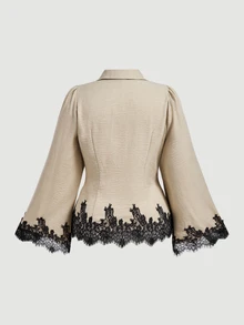 SHEIN MOD بلوزة مقاس كبير من الدانتيل الفرنسي مع رقعات وأزرار وكسرات - كاكي - مشاهدة 2