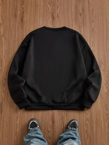 SWAVVY 男士休閒黑色套頭運動衫，刺繡領口，標準尺寸，春秋款 - 黑色 - 查看 5