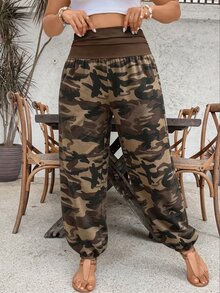 SHEIN VCAY Plus Size Women's Casual Tapered Leg Printed Pants Camouflage Pattern Suitable For Spring And Summer - Multicolor - View 3