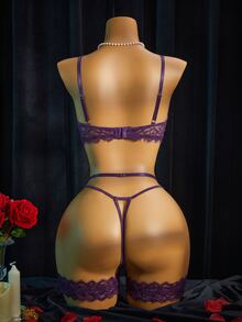 SpicyHot 女款性感蕾絲內衣套裝 4件組 - 紫色 - 查看 2