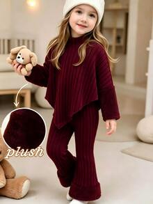 SHEIN Elladie kids 少女款紅色羅紋高領兩件套，高領長袖不對稱上衣配紅色人造毛飾袖口，搭配羅紋喇叭褲，秋冬款 - 紅色 - 查看 1