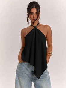 SHEIN BAE Women's Solid Color Casual Versatile Daily Wear Halter Neck Top - Black - View 4