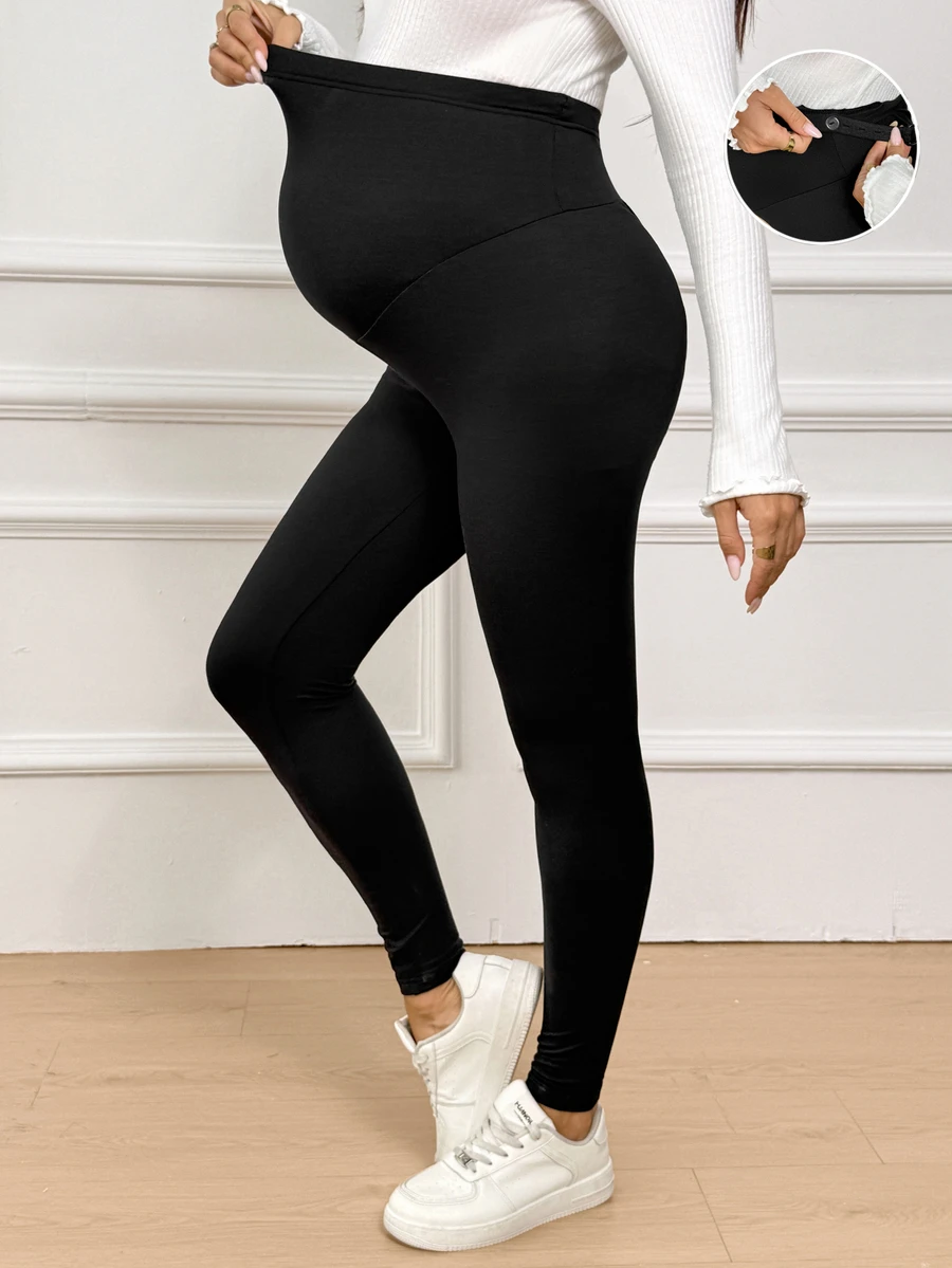 SHEIN Legging Hamil Kasual Serbaguna Warna Polos Pinggang Tinggi - Hitam - View 1