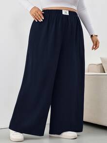 SHEIN CURVE+ 大尺碼格紋長褲，黑白格紋彈性腰帶口袋寬腿，2026秋冬 22W - 藏蓝色 - 查看 5