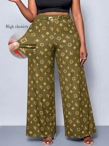 SOLERSUN 大尺碼女款豹紋腰帶裝飾寬腿褲，適合派對正式場合、街頭休閒、情人節、度假，橄欖綠 - 軍綠色 - 查看 1
