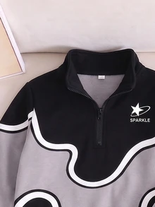 小男孩灰色黑色拼色波浪線星星圖案1/4拉鍊套頭運動衫與慢跑褲2件套休閒運動套裝 - 彩色 - 查看 5