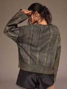 Freevana Plus Size Women's Vintage Cable Knit Gold Foil Design Long Sleeve Loose Fit Sweater - Black - View 2