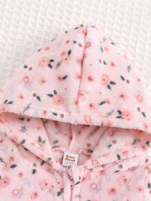 Cozy Pixies 女嬰保暖內裡加厚花卉圖案針織柔軟連帽長袖冬季連身衣 - 粉色 - 查看 4