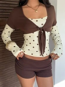 CovetEZ Women's Polka Dot 2 In 1 Colorblock Casual Daily T-Shirt - Brown - View 3