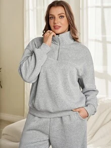 EMERY ROSE 2 st plus size damset för hösten med grå sportig casual zip-up sweatshirt och byxor med fickor, 2 delar, höst/vinter, vinterset, loungewear, varmt - Grå - Visa 4