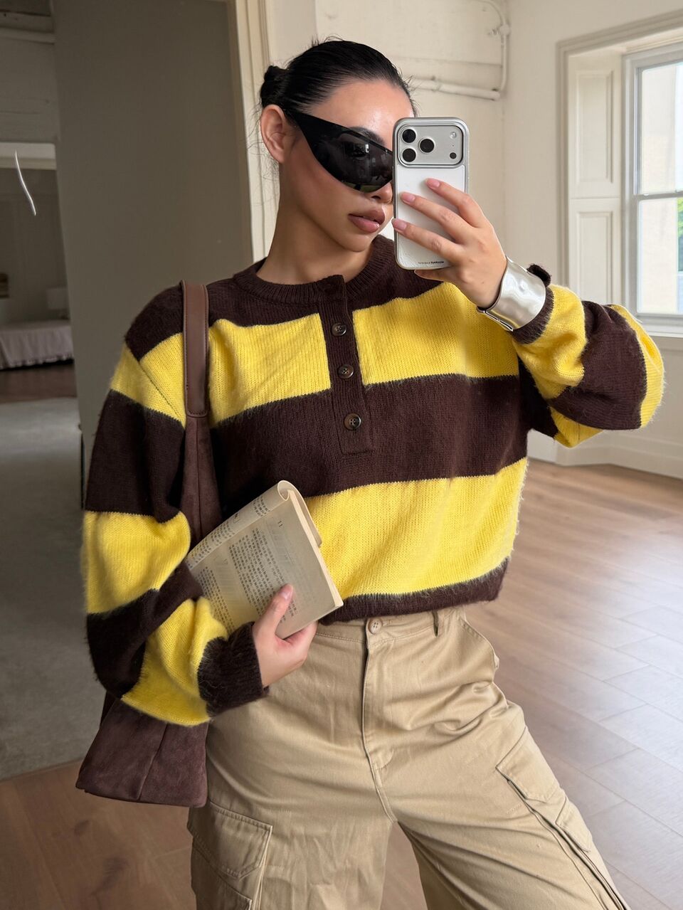 Autumn/Winter Round Neck Half-Zip Yellow & Brown Contrast Color Thick Striped Loose Casual Streetwear Women's Pullover Sweater
