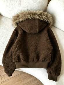 Franclia New Women's American Vintage Casual Loose Slimming Oversized Fur Collar Zip-Up Long Sleeve Jacket - Brown - View 2