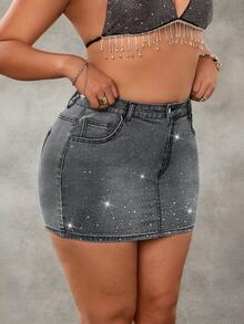 SHEIN ICON Plus Size Women's Fashion Rhinestone Embellished Washed Denim Bodycon Skirt With Pockets - Grey - View 1