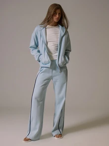 Musera Sport Zip Through Contrast Piped Detail Loose Oversized Fit Hooded Coord Sweatshirt Winter Fall Autumn Active Pilates Gym Workout Motion - Baby Blue - View 2
