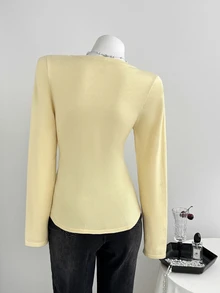 Elamini Women's Autumn Casual Versatile Solid Color Sweater Brunch Pale Yellow - Apricot - View 2
