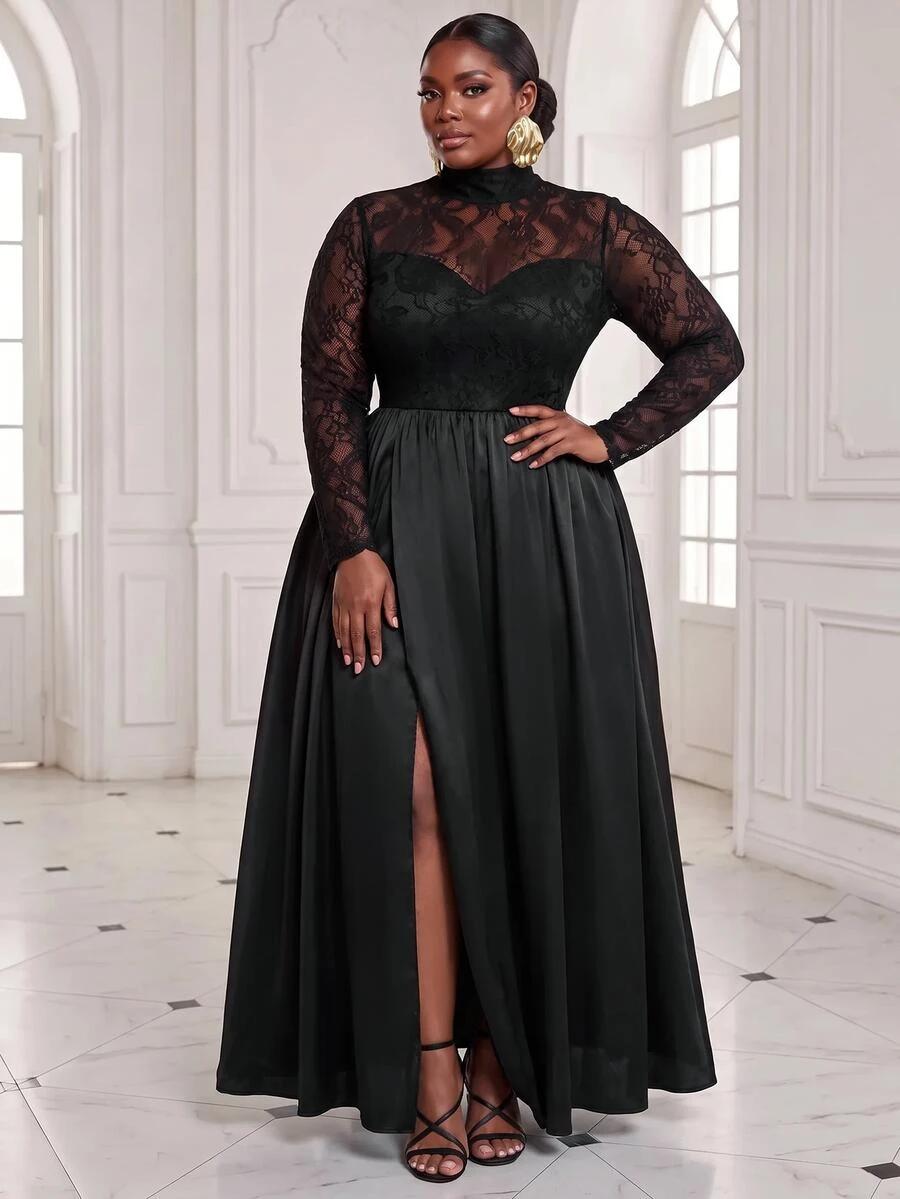Slaydiva Plus Size Formal Gown, Black Lace Mesh Long Sleeve High Neck Split Satin Maxi Dress