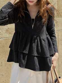 FRIFUL Women's Fashion Zipper Half-Placket Ruffle Hem Sweatshirt Fall - Grey - View 1