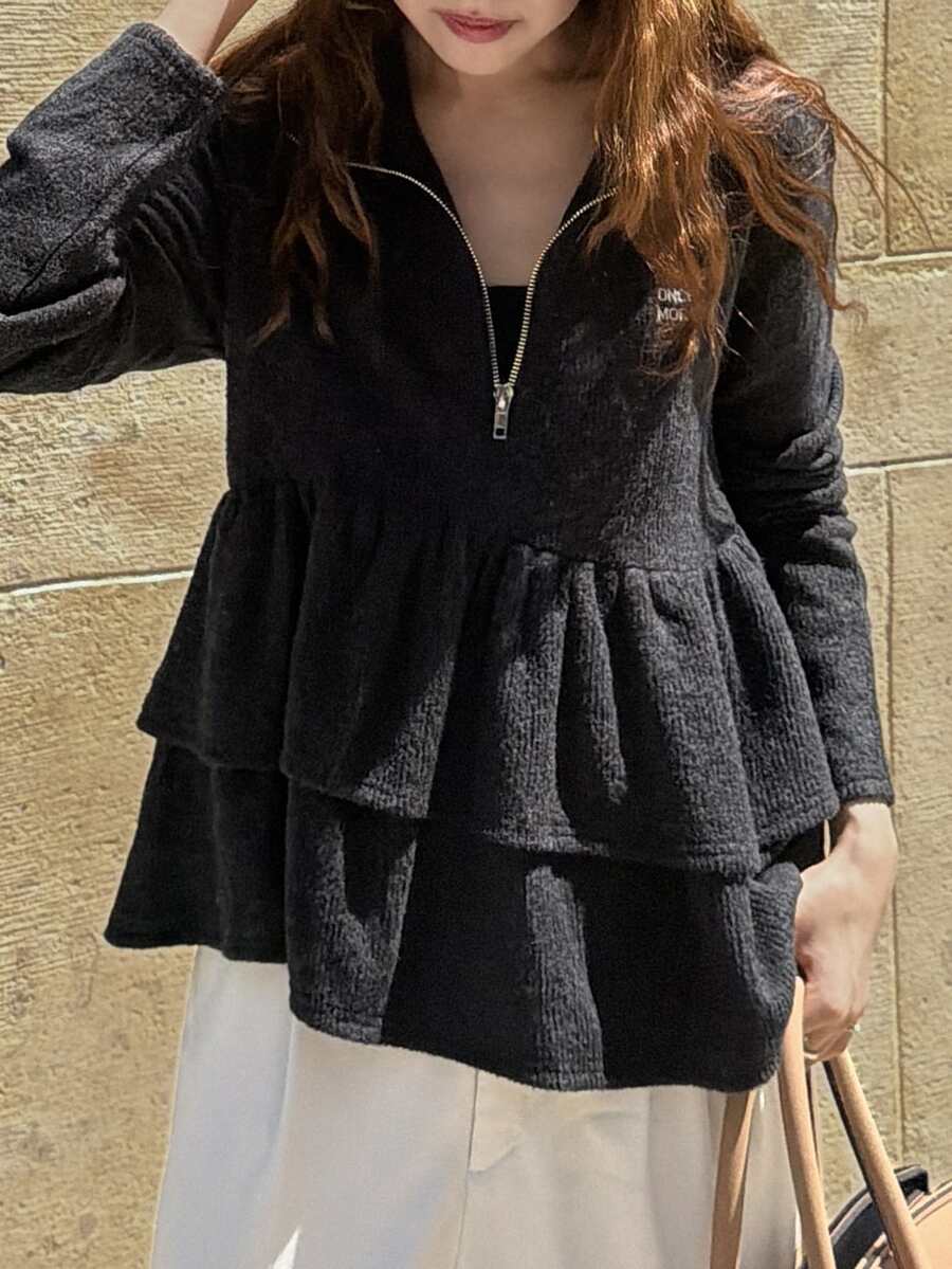FRIFUL Women's Fashion Zipper Half-Placket Ruffle Hem Sweatshirt Fall - Grey - View 1