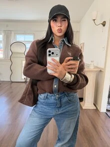DAZY Women's Autumn/Winter Collared Long Sleeve Denim Patchwork Contrast Color Letter Embroidery Cropped Casual Street Daily Commute Knit Cardigan - Brown - View 5