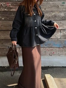 FRIFUL Women's Single-Breasted Long Sleeve Ruffle Hem Denim Jacket - Dark Grey - View 3