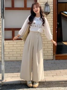 DAZY Women's Streetwear Button Pleated Loose Wide Leg Long Pants - White - View 2