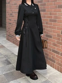 FRIFUL Women's Autumn Long Dress With Waist Drawstring Tie - Black - View 7