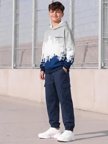 2pcs Teen Boys Gradient Hooded Sweatshirt & Classic Navy Blue Cargo Pants Set, Suitable For Autumn/Winter Outdoor Activities - Navy Blue - View 8