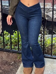 SHEIN CURVE+ Plus Size Fashion Streetwear Criss-Cross Waist Flared Jeans - Blue - View 1
