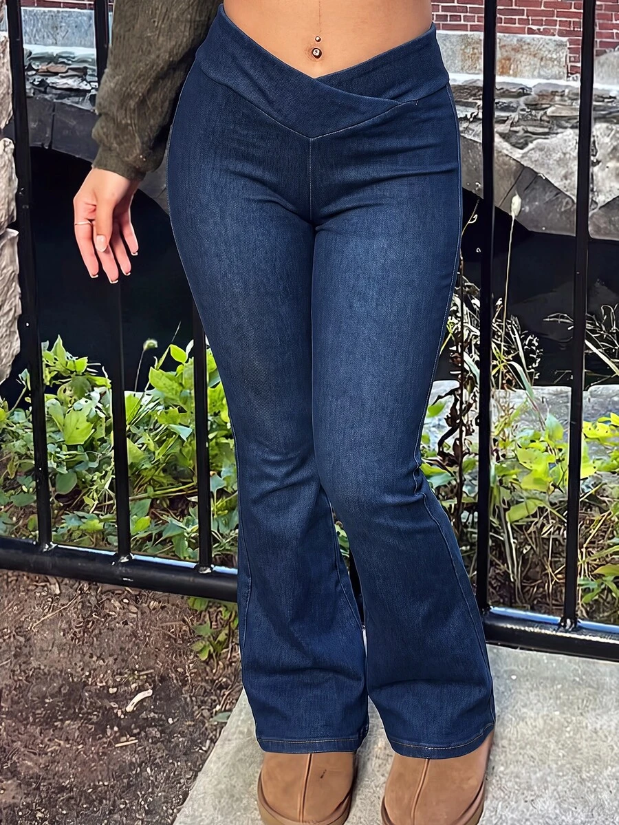 SHEIN CURVE+ Plus Size Fashion Streetwear Criss-Cross Waist Flared Jeans - Blue - View 1