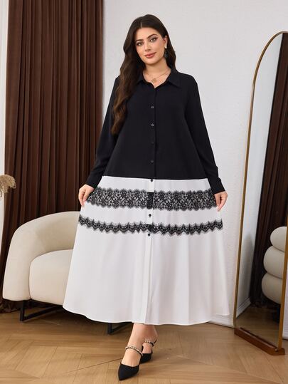 Al Najma Women's Elegant Shirt Collar Dress With Delicate Eyelash Lace Trim, Plus Size Long Sleeve
