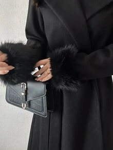 FRIFUL Women's Solid Color Lapel Neck Patchwork Faux Fur Cuff Elegant Overcoat - Black - View 2