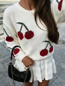 Selianne Cute Cherry Pattern Knit Pullover, Women Crew Neck Long Sleeve Drop Shoulder Loose Fall Sweater School White And Red Casual - White - View 5