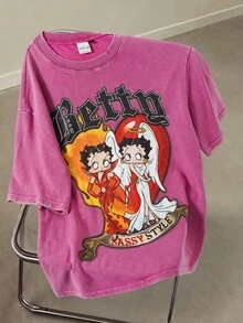 Betty Boop x SHEIN Men's Letter Print Round Neck Short Sleeve Casual T-Shirt - Pink - View 1