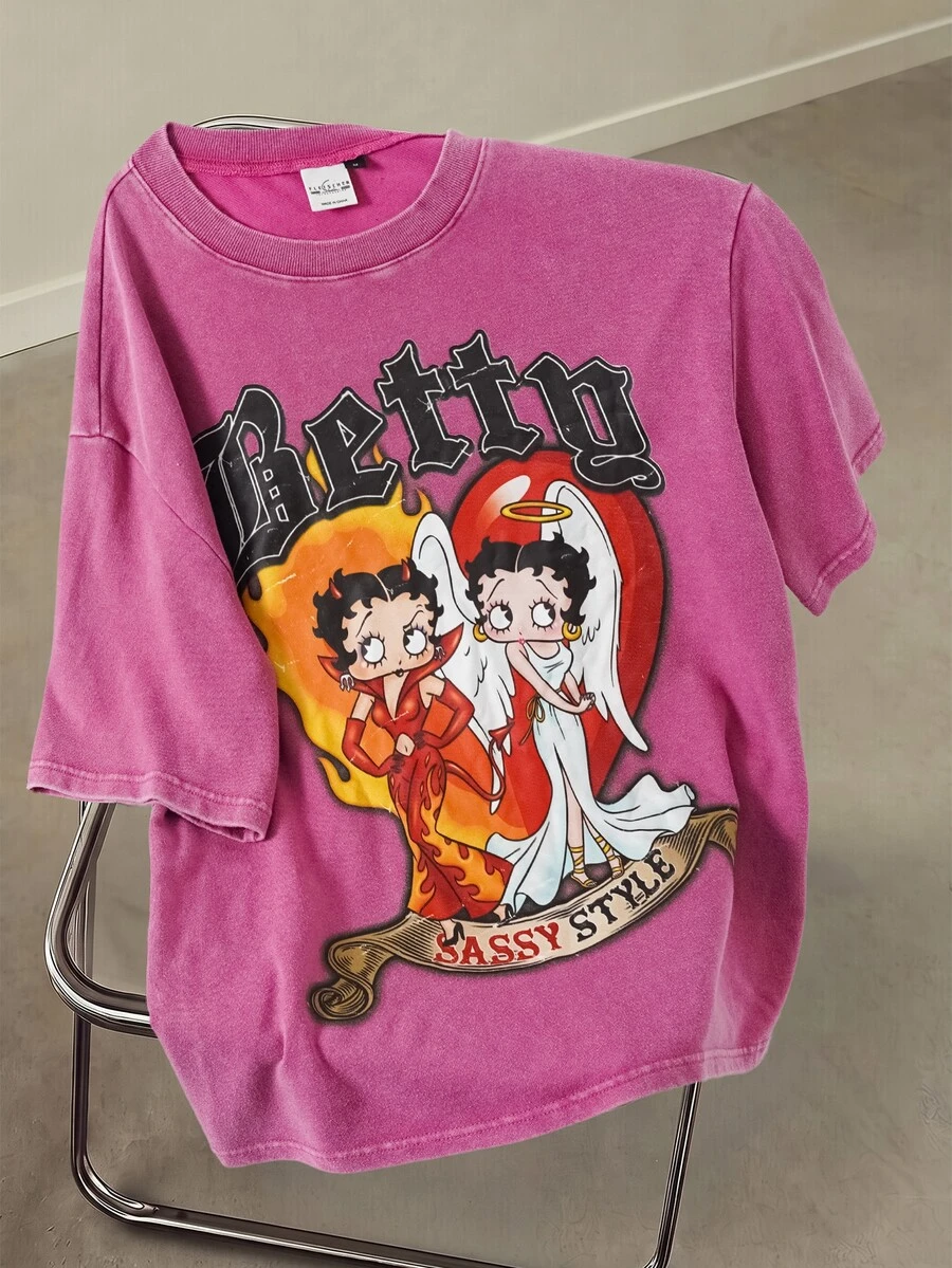 Betty Boop x SHEIN Men's Letter Print Round Neck Short Sleeve Casual T-Shirt - Pink - View 1