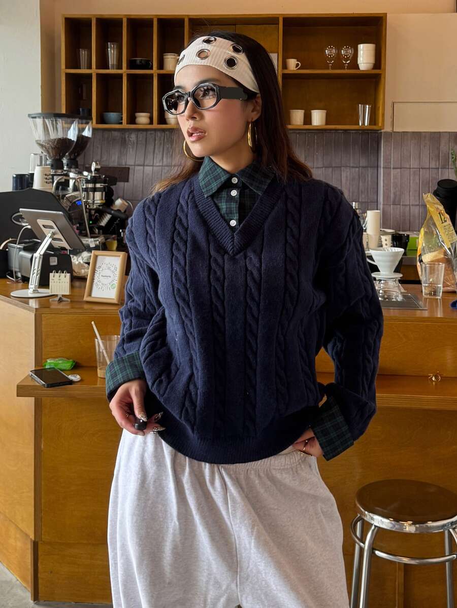 DAZY Women's Autumn/Winter Casual Plaid Patchwork 2 In 1 Sweater - Navy Blue - View 1